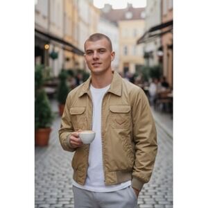 Vintage William‎ Barry Jacket Mens Large Tan Sherpa Lined Bomber Made USA 80s